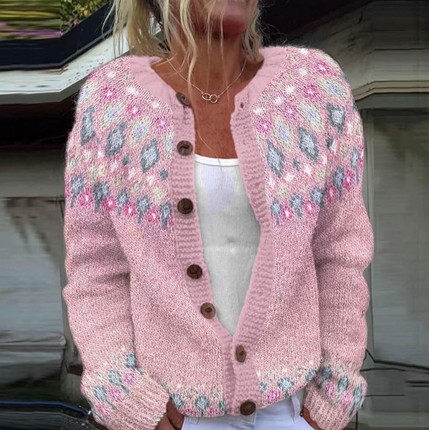 Nordic Pink Patterned Knit Cardigan – Stylish Look