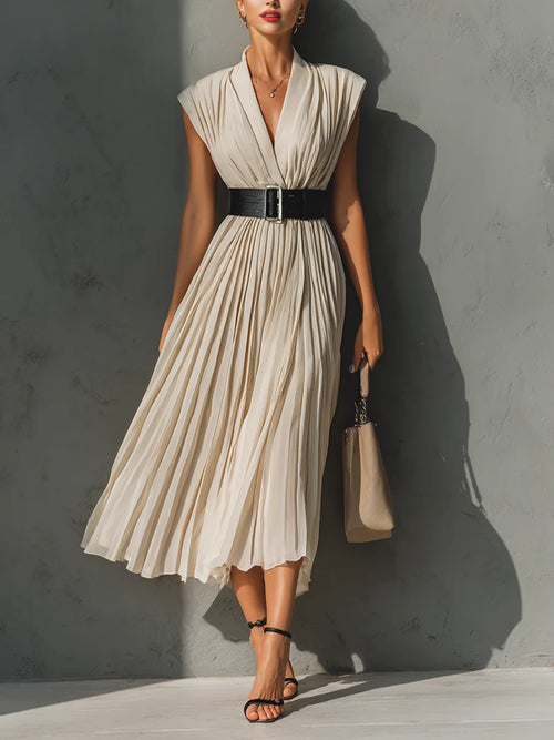 Women's Chiffon Pleated V-neck Sleeveless Belted Maxi Dress