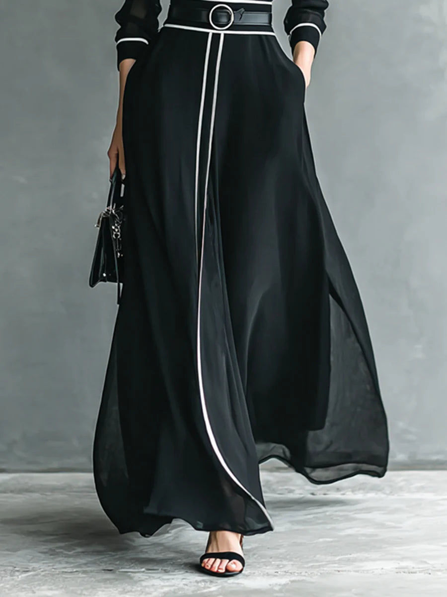 Women's Chiffon White Trim High Collar Long Sleeve Belt Maxi Dress