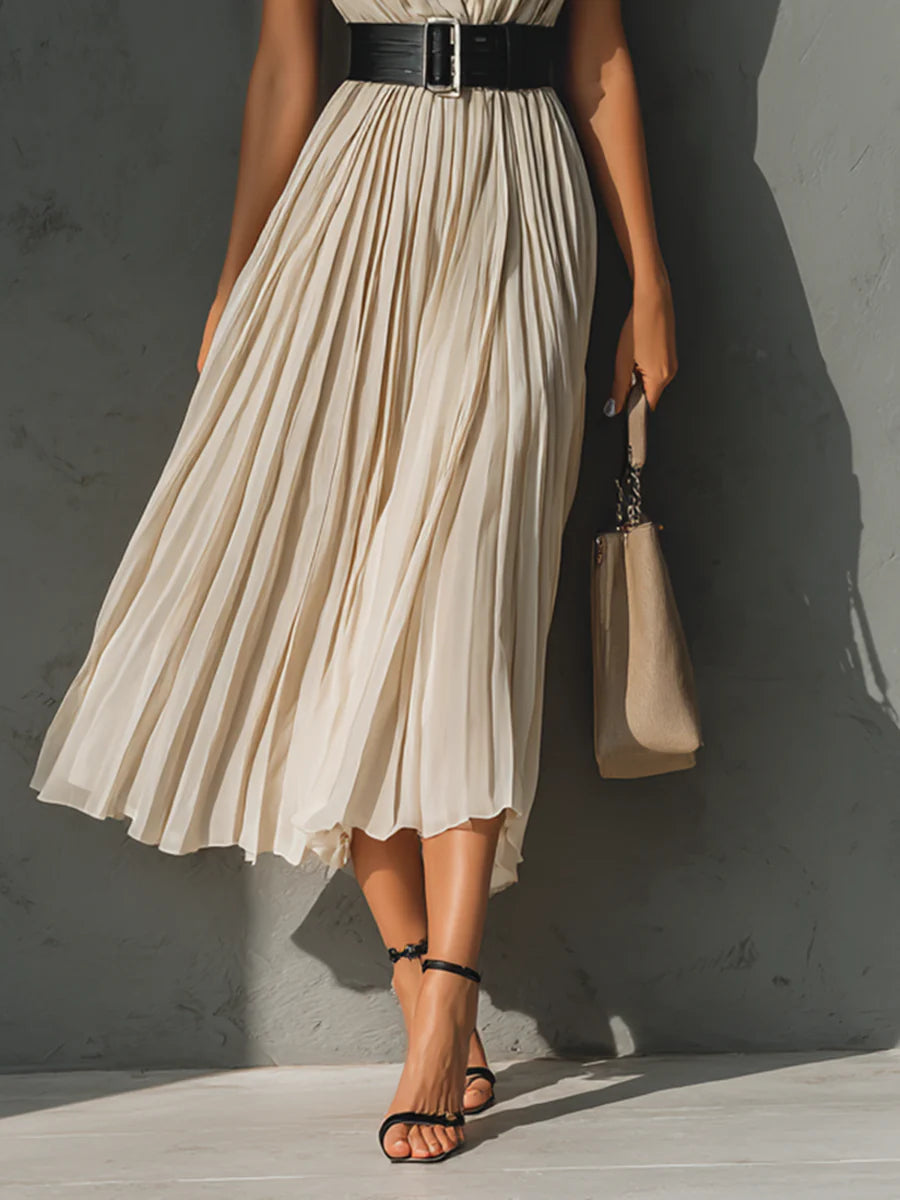 Women's Chiffon Pleated V-neck Sleeveless Belted Maxi Dress