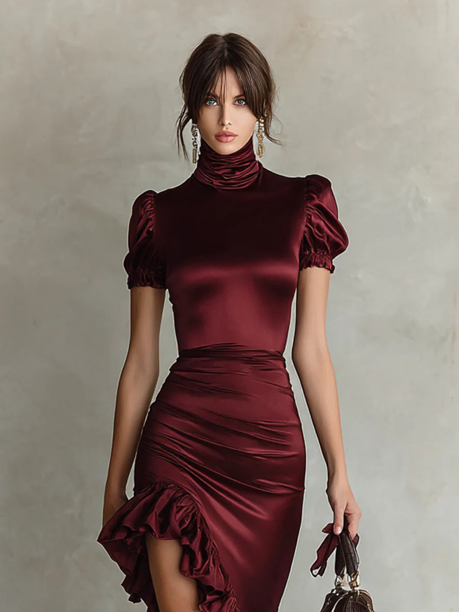 Women's Satin High Collar Short Sleeve Waist Hem Ruffle Maxi Dress