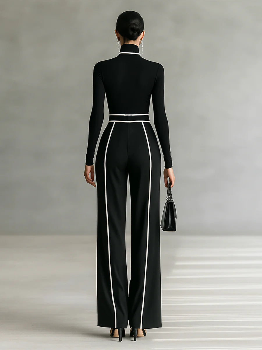 Women's White Trimmed Turtleneck Long Sleeve Top Wide Leg Pants Belt Two-Piece Set
