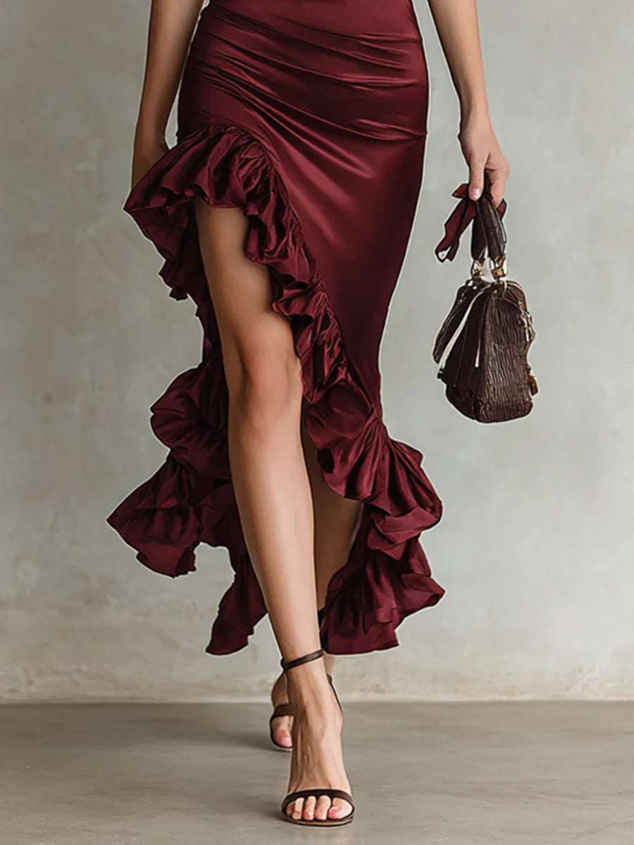 Women's Satin High Collar Short Sleeve Waist Hem Ruffle Maxi Dress