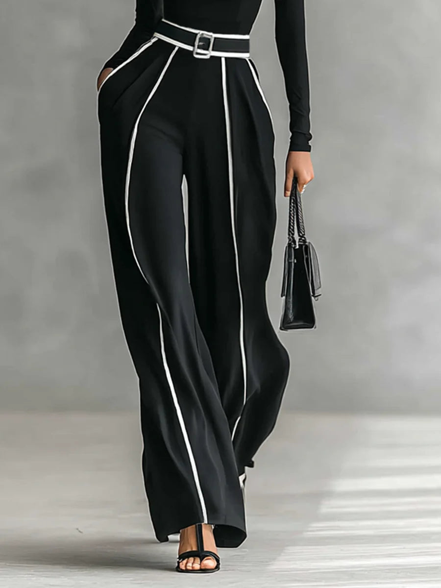 Women's White Trimmed Turtleneck Long Sleeve Top Wide Leg Pants Belt Two-Piece Set