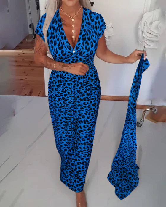 Leopard Print V-Neck Elegant Dress