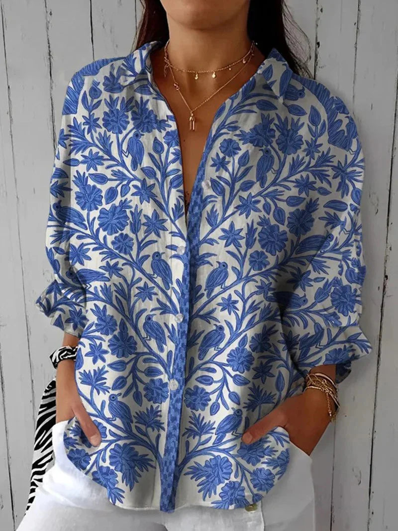 Women's Vintage Floral Art Print Casual Linen V-neck Shirt