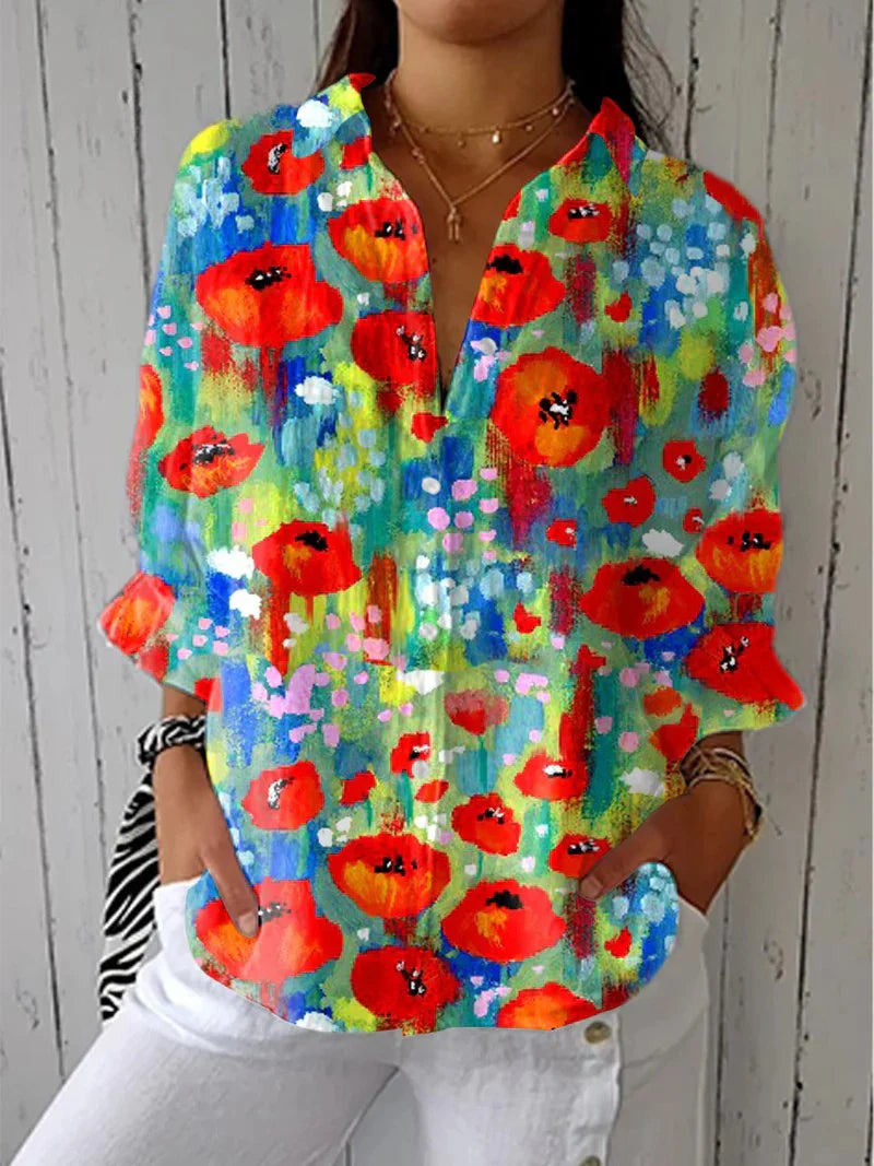 Women's Vintage Flowers Art Print Casual Linen V-neck Shirt