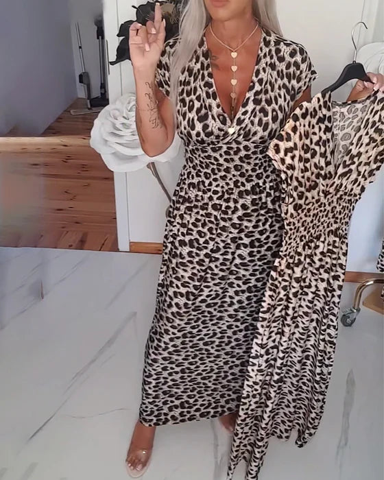 Leopard Print V-Neck Elegant Dress