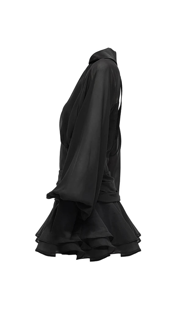 Solid Lantern Sleeve Mini Dress İn Black