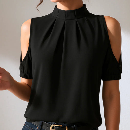 INGE | Black Pleated Blouse with Slit Sleeves
