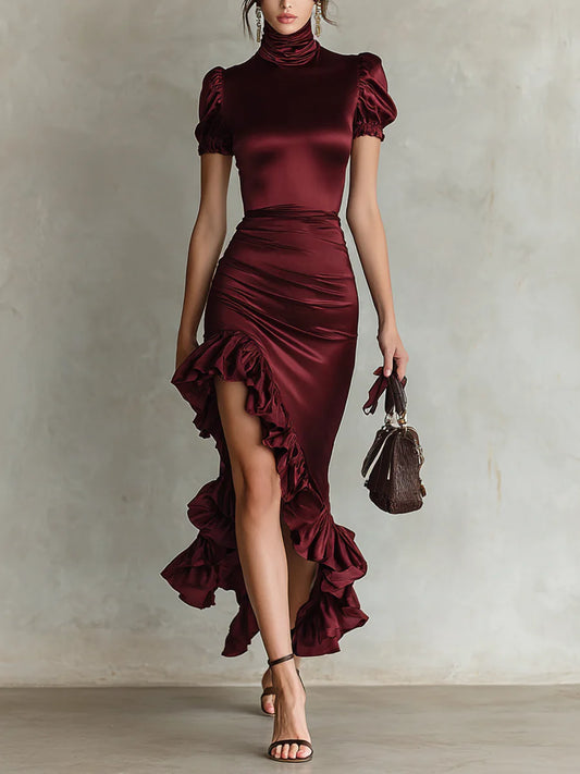Women's Satin High Collar Short Sleeve Waist Hem Ruffle Maxi Dress
