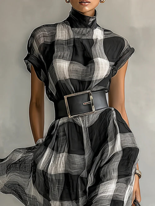 Women's Plaid Chiffon High Collar Short Sleeve Belt Maxi Dress