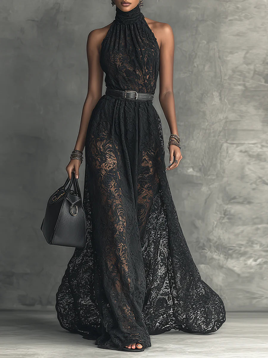 Ladies Lace High Collar Sleeveless Belted Maxi Dress