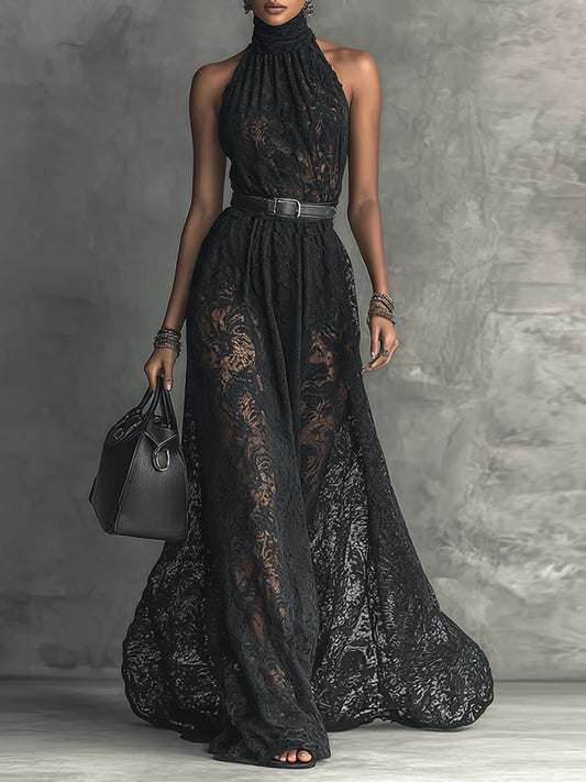 Ladies Lace High Collar Sleeveless Belted Maxi Dress
