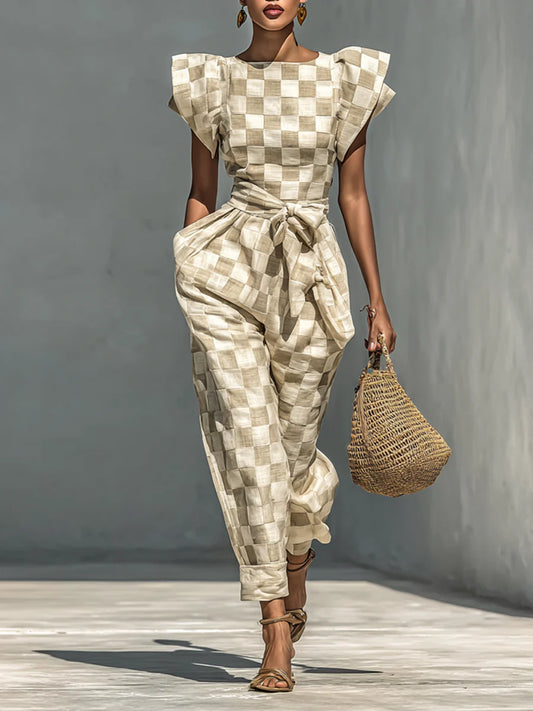 Women's Checkered Flutter Sleeve Belted Jumpsuit