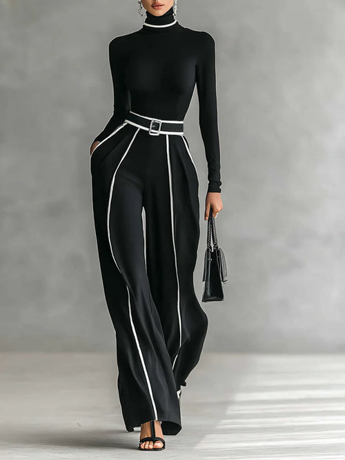 Women's White Trimmed Turtleneck Long Sleeve Top Wide Leg Pants Belt Two-Piece Set