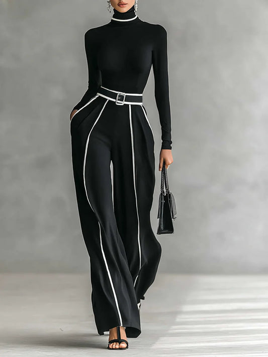 Women's White Trimmed Turtleneck Long Sleeve Top Wide Leg Pants Belt Two-Piece Set