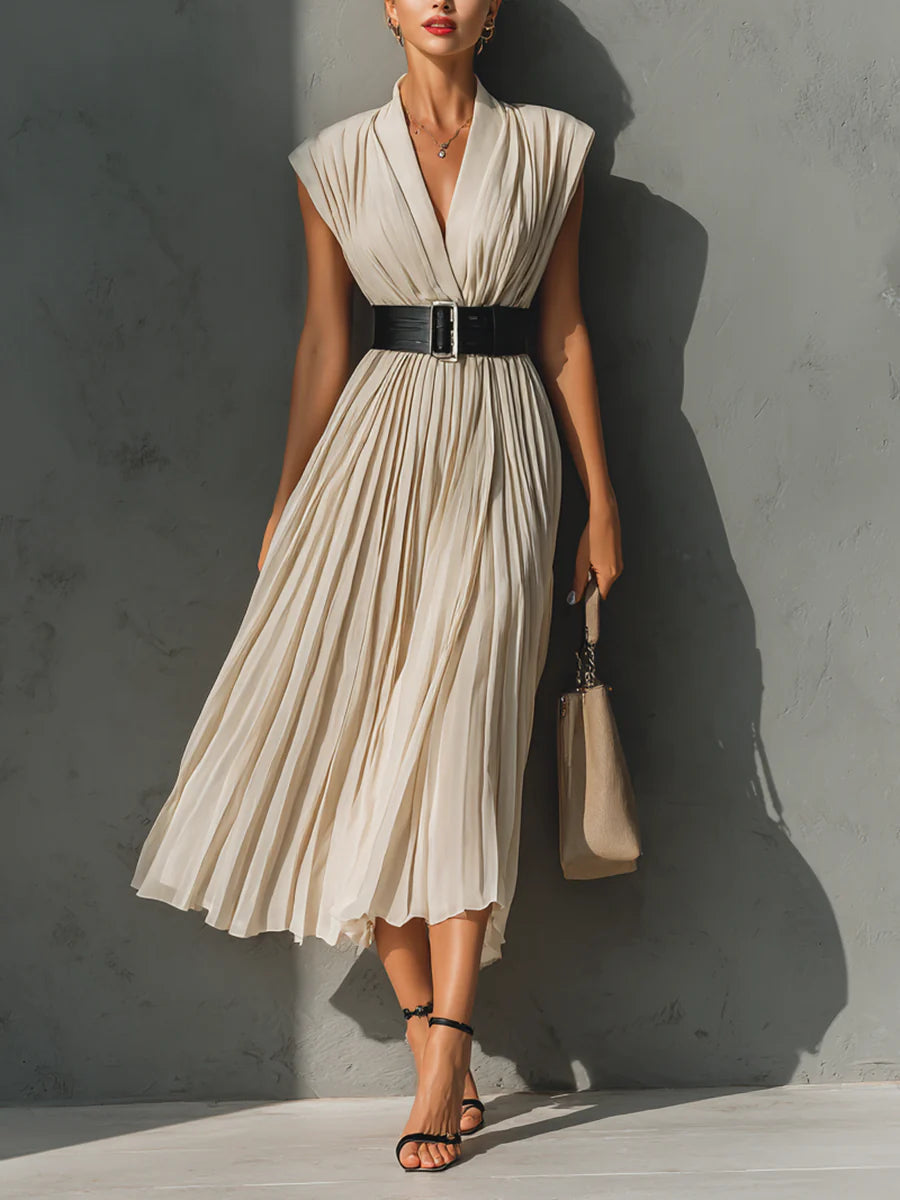 Women's Chiffon Pleated V-neck Sleeveless Belted Maxi Dress