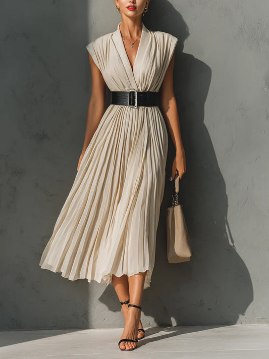 Women's Chiffon Pleated V-neck Sleeveless Belted Maxi Dress
