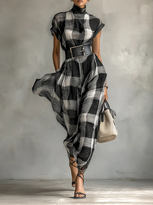 Women's Plaid Chiffon High Collar Short Sleeve Belt Maxi Dress