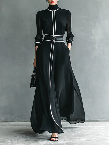 Women's Chiffon White Trim High Collar Long Sleeve Belt Maxi Dress