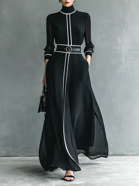 Women's Chiffon White Trim High Collar Long Sleeve Belt Maxi Dress