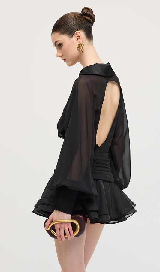 Solid Lantern Sleeve Mini Dress İn Black