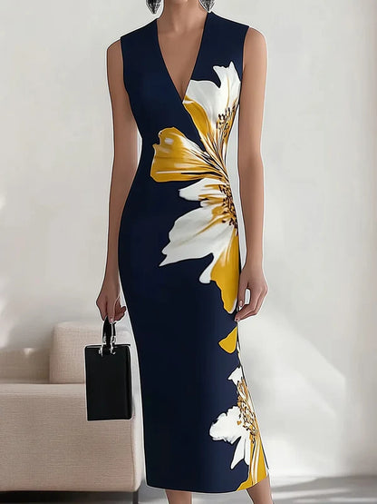 Navy V-Neck Sleeveless Floral Dress