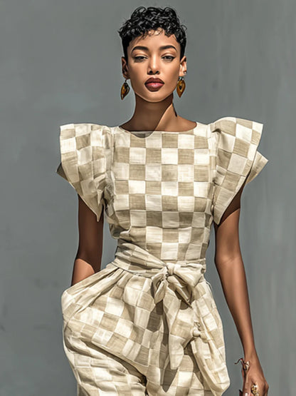 Women's Checkered Flutter Sleeve Belted Jumpsuit