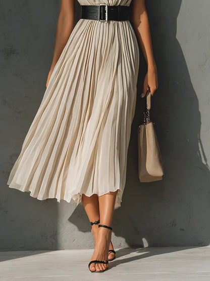 Women's Chiffon Pleated V-neck Sleeveless Belted Maxi Dress