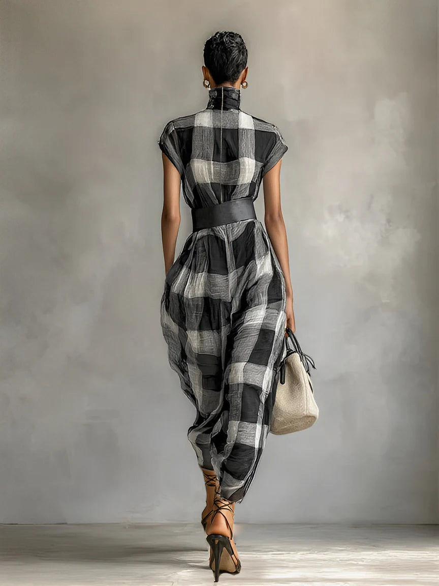 Women's Plaid Chiffon High Collar Short Sleeve Belt Maxi Dress