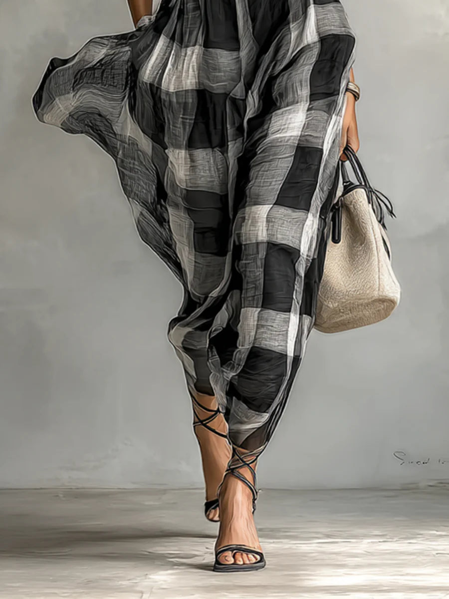 Women's Plaid Chiffon High Collar Short Sleeve Belt Maxi Dress