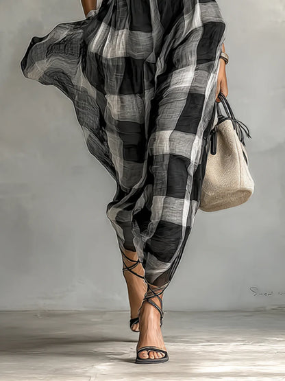 Women's Plaid Chiffon High Collar Short Sleeve Belt Maxi Dress