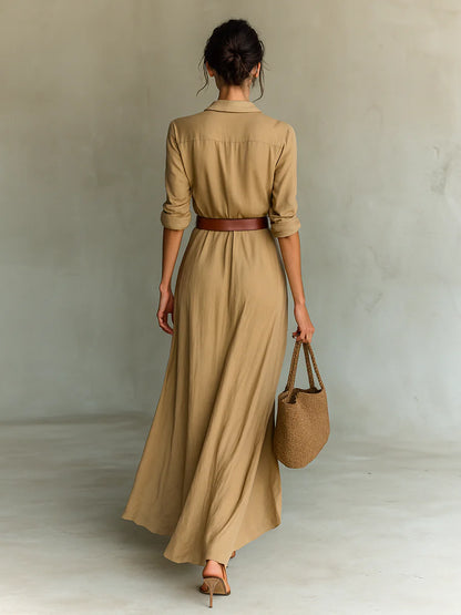 Ladies Lapel Single Breasted Long Sleeve Belted Maxi