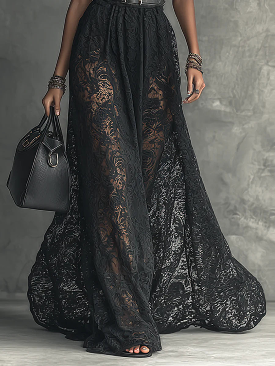 Ladies Lace High Collar Sleeveless Belted Maxi Dress