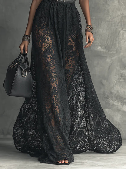 Ladies Lace High Collar Sleeveless Belted Maxi Dress