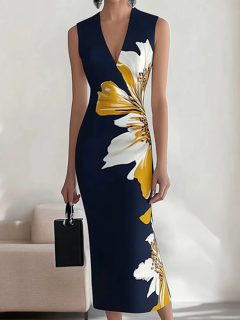 Navy V-Neck Sleeveless Floral Dress
