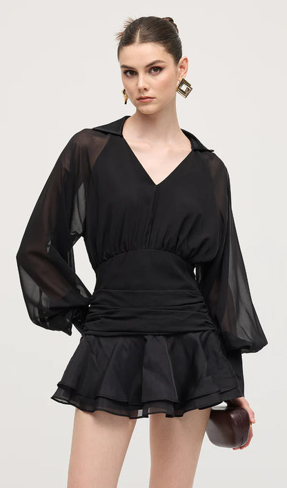 Solid Lantern Sleeve Mini Dress İn Black