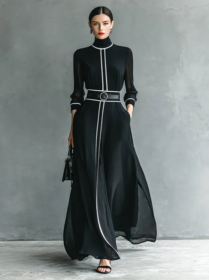 Women's Chiffon White Trim High Collar Long Sleeve Belt Maxi Dress