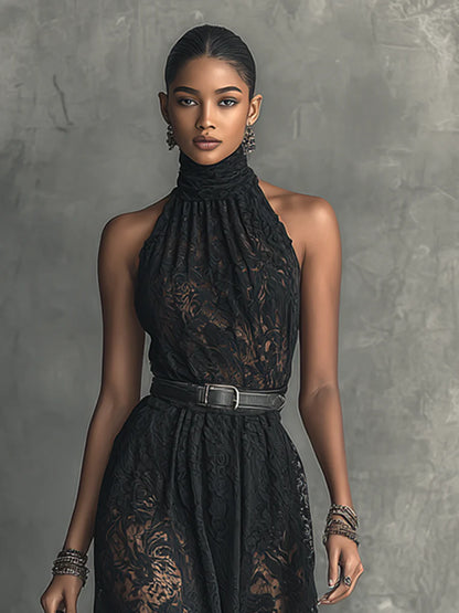Ladies Lace High Collar Sleeveless Belted Maxi Dress