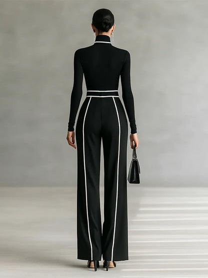 Women's White Trimmed Turtleneck Long Sleeve Top Wide Leg Pants Belt Two-Piece Set