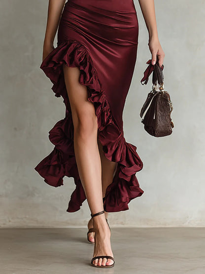 Women's Satin High Collar Short Sleeve Waist Hem Ruffle Maxi Dress