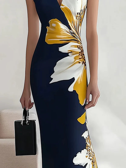 Navy V-Neck Sleeveless Floral Dress