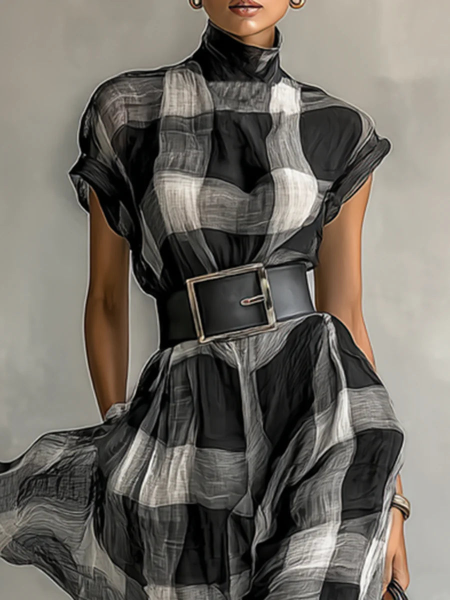 Women's Plaid Chiffon High Collar Short Sleeve Belt Maxi Dress