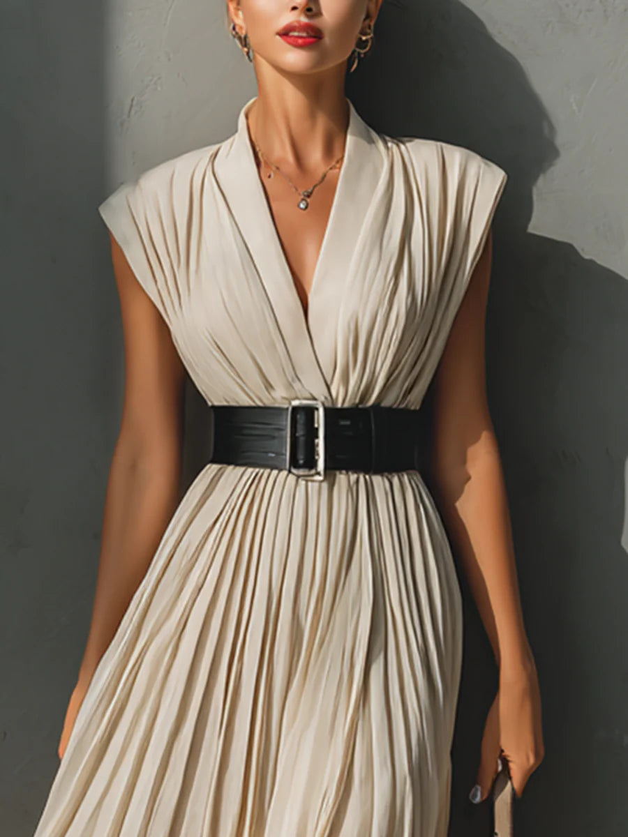 Women's Chiffon Pleated V-neck Sleeveless Belted Maxi Dress