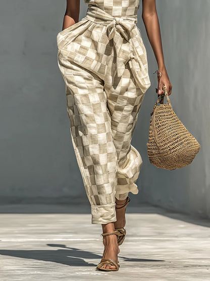 Women's Checkered Flutter Sleeve Belted Jumpsuit