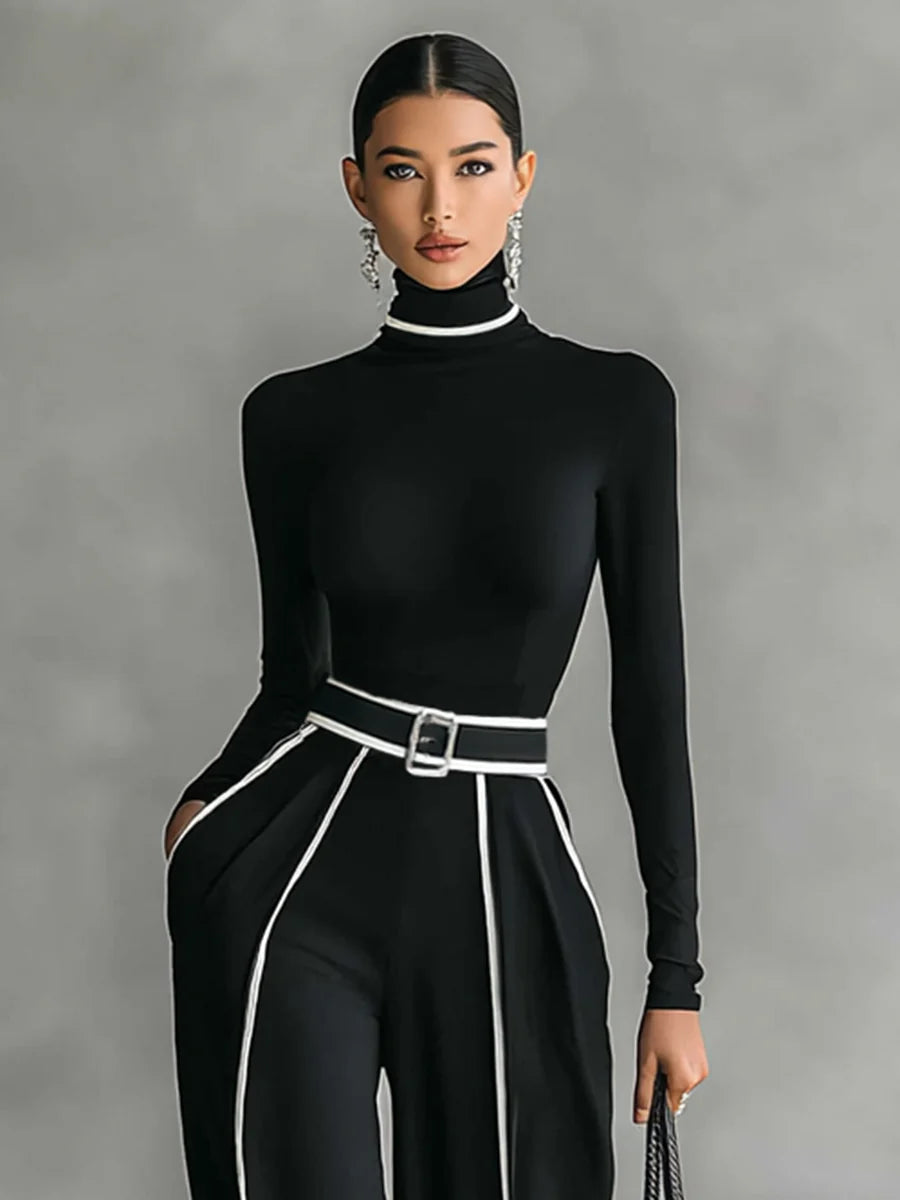 Women's White Trimmed Turtleneck Long Sleeve Top Wide Leg Pants Belt Two-Piece Set