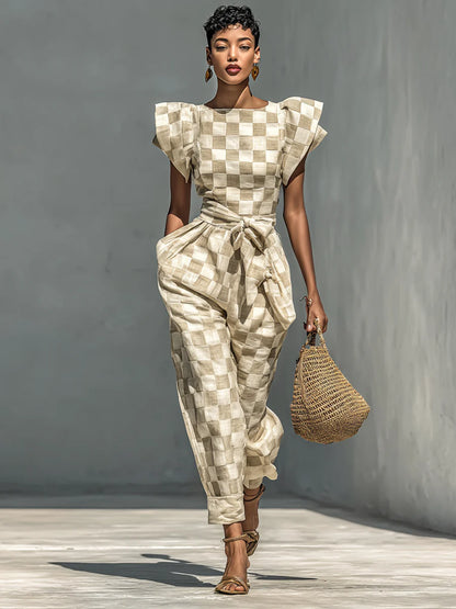 Women's Checkered Flutter Sleeve Belted Jumpsuit