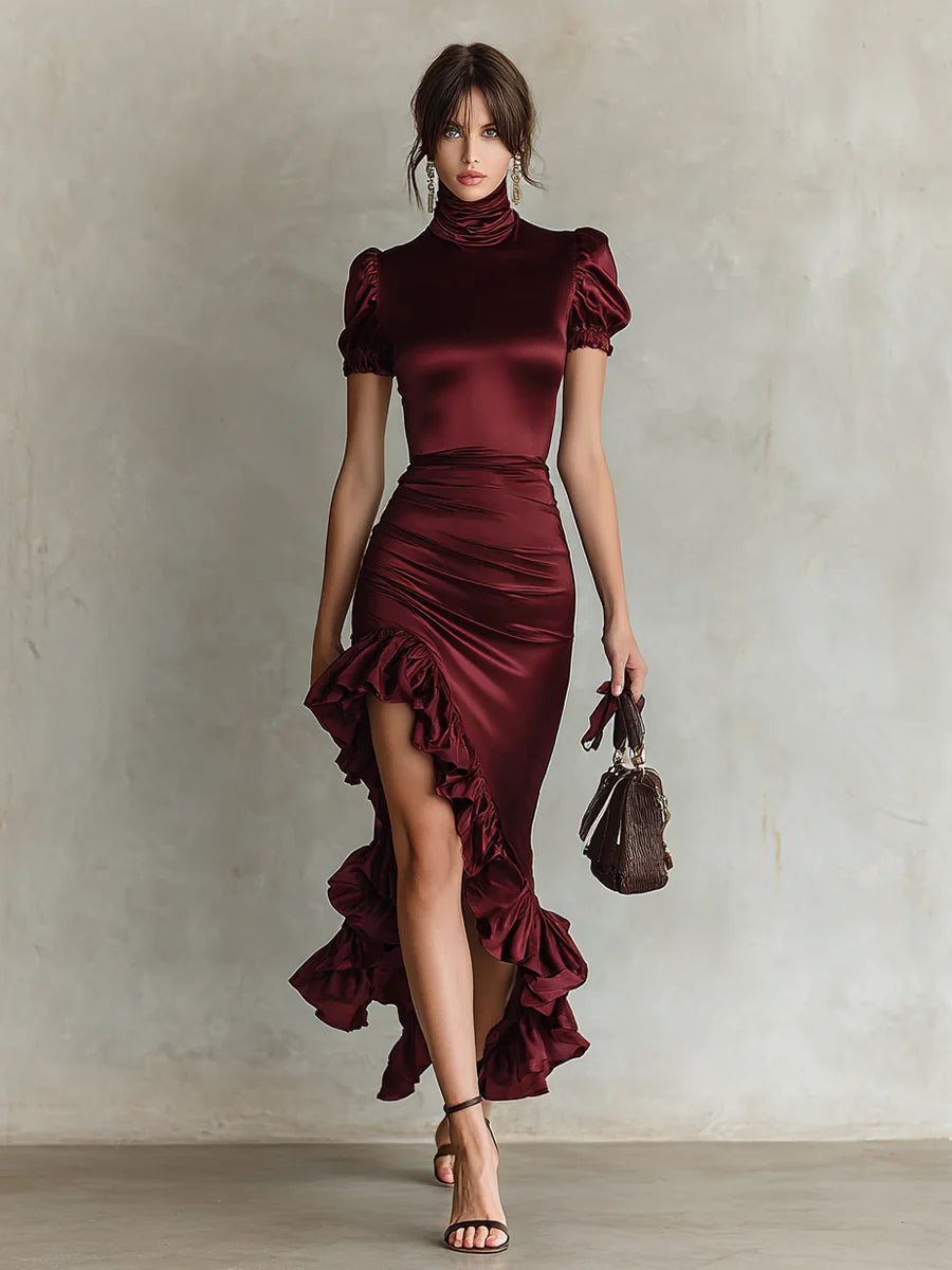 Women's Satin High Collar Short Sleeve Waist Hem Ruffle Maxi Dress