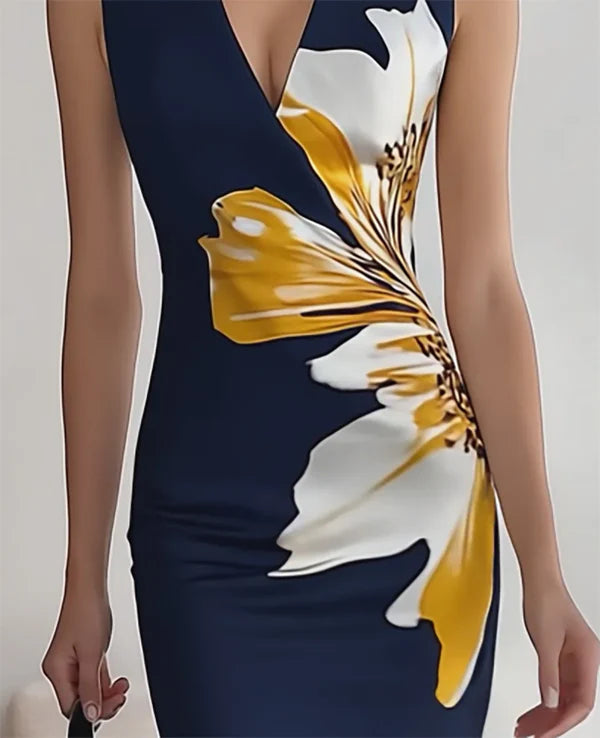 Navy V-Neck Sleeveless Floral Dress